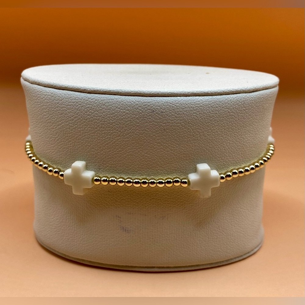 14K Gold Filled and White Cross Beaded Bracelet; non tarnish, waterproof.